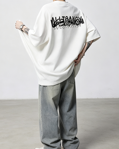 Men Women Graffiti Letter Print Oversized T-Shirt, American High Street Crew Neck Short Sleeve Tee, Trendy Casual Couple Summer Top