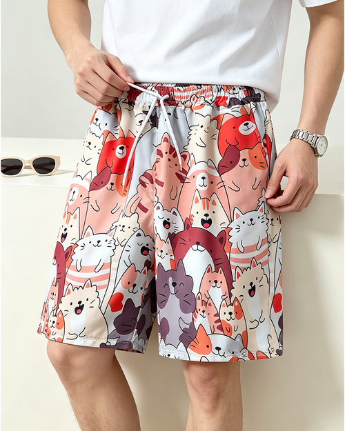 Men's Cute Cartoon Cat Print Board Shorts, Elastic Drawstring Loose Hawaiian Beach Shorts, Casual Couple 5 Inch Vacation Swim Trunks