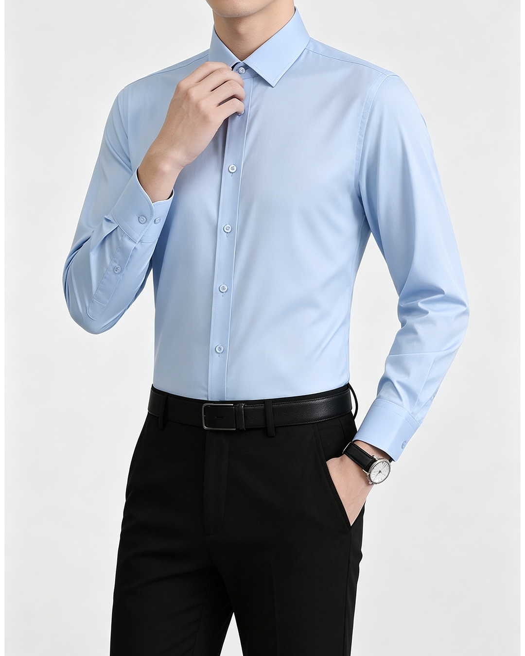 Men's Slim Fit Long Sleeve Dress Shirt, Classic Collar Formal Business Work Shirt, Light Blue Office Suit Shirt